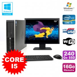 Lot PC HP Elite 8200 SFF Core I5 3.1GHz 16Go 240Go SSD DVD WIFI W7 + Ecran 19