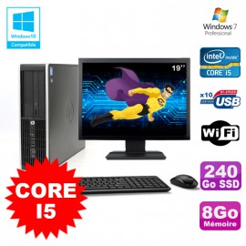 Lot PC HP Elite 8200 SFF Core I5 3.1GHz 8Go 240Go SSD DVD WIFI W7 + Ecran 19