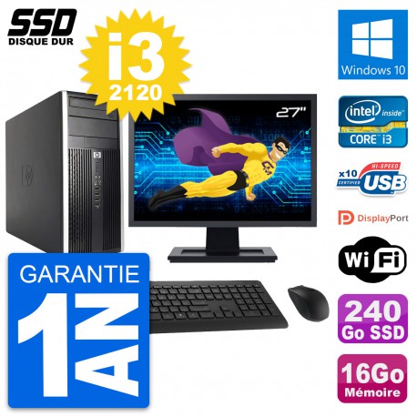 PC Tour HP 6200 CMT Ecran 27" Intel i3-2120 RAM 16Go SSD 240Go Windows 10 Wifi