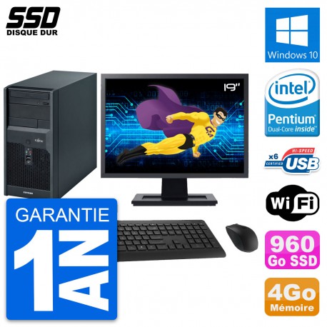 PC Tour Fujitsu P2560 Ecran 19" Intel E5500 RAM 4Go SSD 960Go Windows 10 Wifi