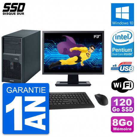 PC Tour Fujitsu P2560 Ecran 19" Intel E5500 RAM 8Go SSD 120Go Windows 10 Wifi