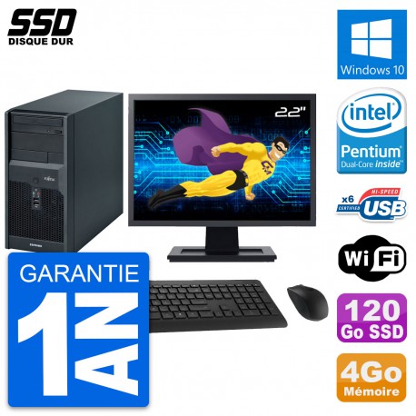 PC Tour Fujitsu P2560 Ecran 22" Intel E5500 RAM 4Go SSD 120Go Windows 10 Wifi