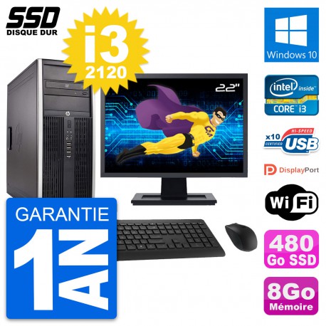 PC Tour HP Elite 8300 Ecran 22" Intel i3-2120 RAM 8Go SSD 480Go Windows 10 Wifi