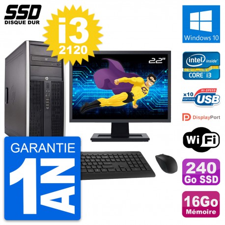 PC Tour HP Elite 8300 Ecran 22" Intel i3-2120 RAM 16Go SSD 240Go Windows 10 Wifi