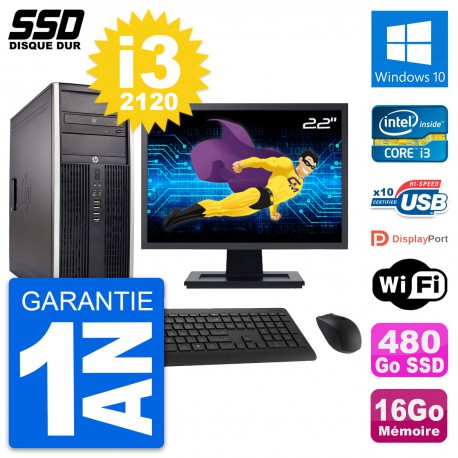 PC Tour HP Elite 8300 Ecran 22" Intel i3-2120 RAM 16Go SSD 480Go Windows 10 Wifi