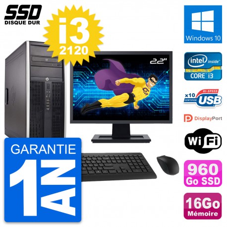 PC Tour HP Elite 8300 Ecran 22" Intel i3-2120 RAM 16Go SSD 960Go Windows 10 Wifi