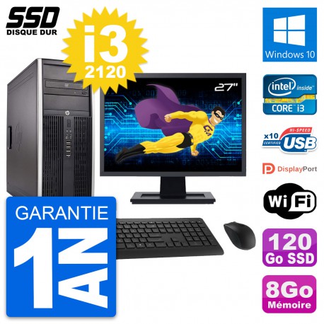 PC Tour HP Elite 8300 Ecran 27" Intel i3-2120 RAM 8Go SSD 120Go Windows 10 Wifi
