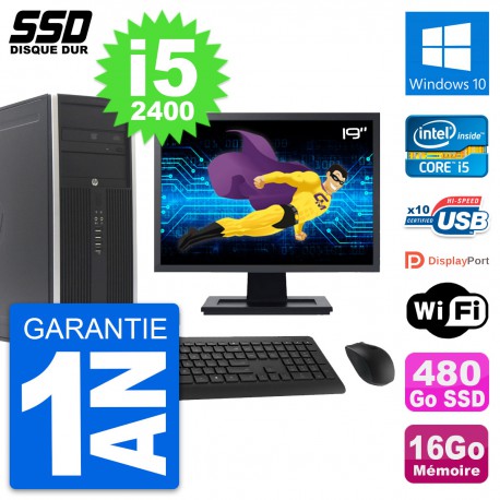 PC Tour HP Elite 8300 Ecran 19" Intel i5-2400 RAM 16Go SSD 480Go Windows 10 Wifi