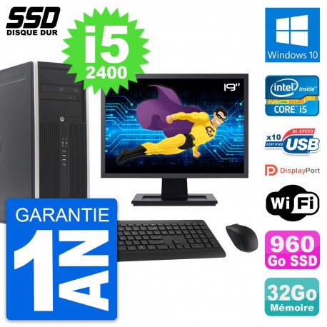 PC Tour HP Elite 8300 Ecran 19" Intel i5-2400 RAM 32Go SSD 960Go Windows 10 Wifi
