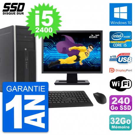 PC Tour HP Elite 8300 Ecran 22" Intel i5-2400 RAM 32Go SSD 240Go Windows 10 Wifi