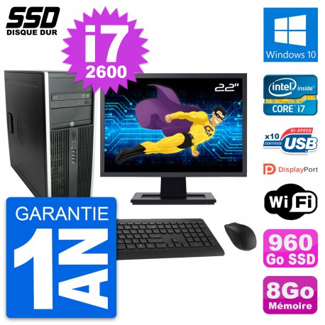 PC Tour HP Elite 8300 Ecran 22" Intel i7-2600 RAM 8Go SSD 960Go Windows 10 Wifi