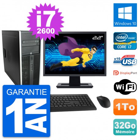 PC Tour HP 8300 Ecran 22" Intel i7-2600 RAM 32Go Disque Dur 1To Windows 10 Wifi