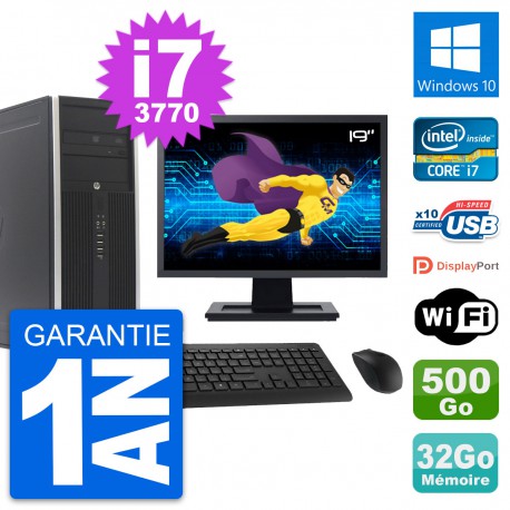 PC Tour HP 8300 Ecran 19" Intel i7-3770 RAM 32Go Disque 500Go Windows 10 Wifi