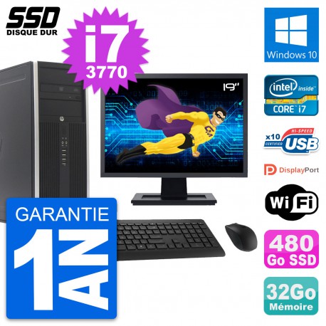 PC Tour HP Elite 8300 Ecran 19" Intel i7-3770 RAM 32Go SSD 480Go Windows 10 Wifi