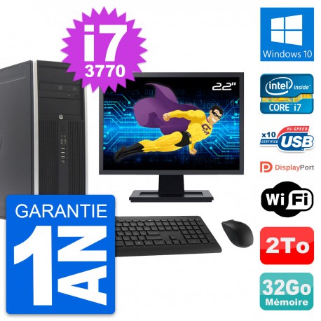 PC Tour HP 8300 Ecran 22" Intel i7-3770 RAM 32Go Disque Dur 2To Windows 10 Wifi
