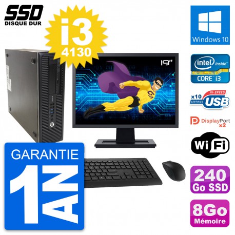 PC HP 600 G1 SFF Ecran 19" Intel Core i3-4130 RAM 8Go SSD 240Go Windows 10 Wifi
