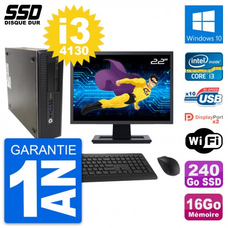 PC HP ProDesk 600 G1 SFF Ecran 22" i3-4130 RAM 16Go SSD 240Go Windows 10 Wifi