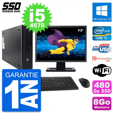 PC HP 600 G1 SFF Ecran 19" Intel Core i5-4570 RAM 8Go SSD 480Go Windows 10 Wifi