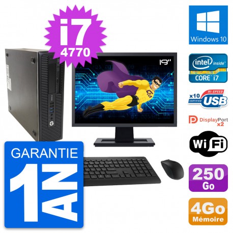 PC HP 600 G1 SFF Ecran 19" Intel i7-4770 RAM 4Go Disque 250Go Windows 10 Wifi