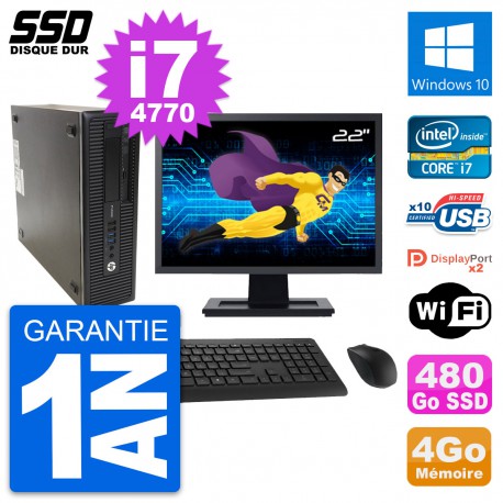 PC HP 600 G1 SFF Ecran 22" Intel Core i7-4770 RAM 4Go SSD 480Go Windows 10 Wifi
