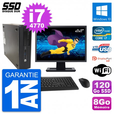 PC HP 600 G1 SFF Ecran 22" Intel Core i7-4770 RAM 8Go SSD 120Go Windows 10 Wifi