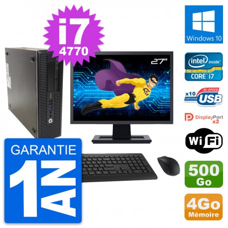 PC HP 600 G1 SFF Ecran 27" Intel i7-4770 RAM 4Go Disque 500Go Windows 10 Wifi
