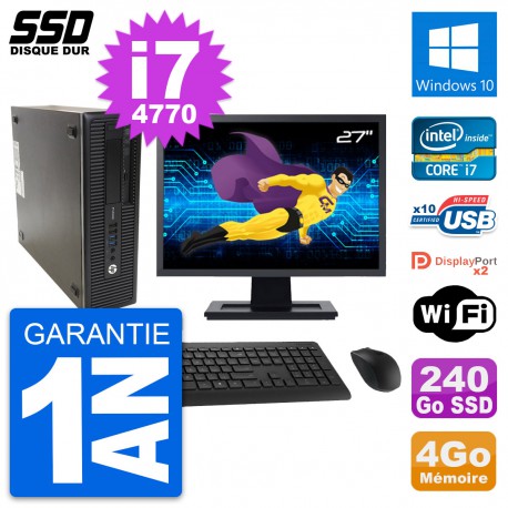PC HP 600 G1 SFF Ecran 27" Intel Core i7-4770 RAM 4Go SSD 240Go Windows 10 Wifi