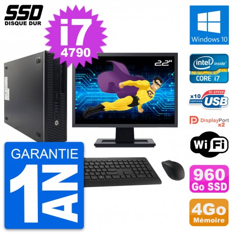 PC HP 600 G1 SFF Ecran 22" Intel Core i7-4790 RAM 4Go SSD 960Go Windows 10 Wifi