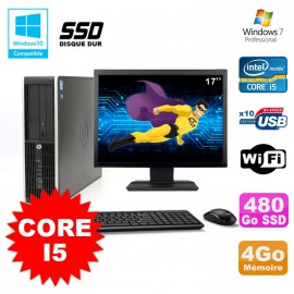 Lot PC HP Elite 8200 SFF Core I5 3.1GHz 4Go 480Go SSD DVD WIFI W7 + Ecran 17