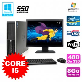 Lot PC HP Elite 8200 SFF Core I5 3.1GHz 8Go 480Go SSD DVD WIFI W7 + Ecran 17