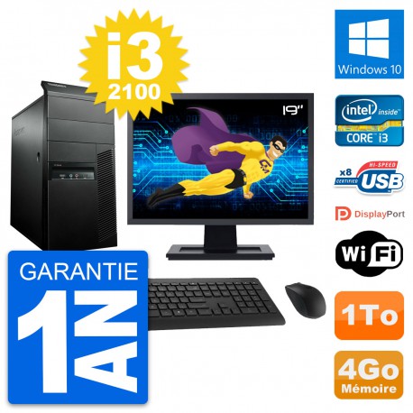 PC Tour Lenovo M91p Ecran 19" Core i3-2100 RAM 4Go Disque 1To Windows 10 Wifi