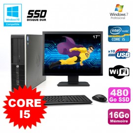 Lot PC HP Elite 8200 SFF Core I5 3.1GHz 16Go 480Go SSD DVD WIFI W7 + Ecran 17