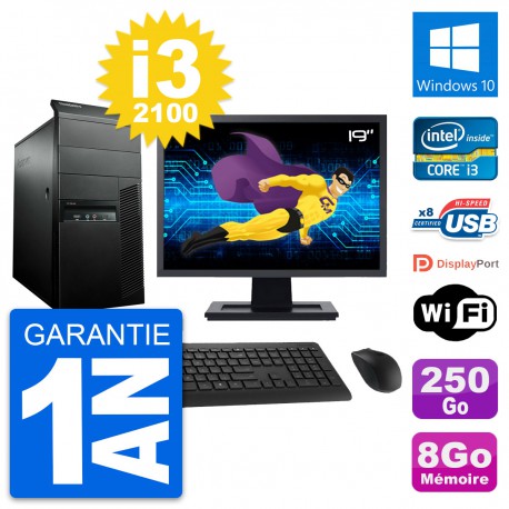 PC Tour Lenovo M91p Ecran 19" Intel i3-2100 RAM 8Go Disque 250Go Windows 10 Wifi