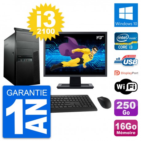 PC Tour Lenovo M91p Ecran 19" Core i3-2100 RAM 16Go Disque 250Go Windows 10 Wifi