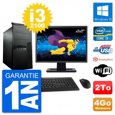 PC Tour Lenovo M91p Ecran 22" Intel i3-2100 RAM 4Go Disque 2To Windows 10 Wifi