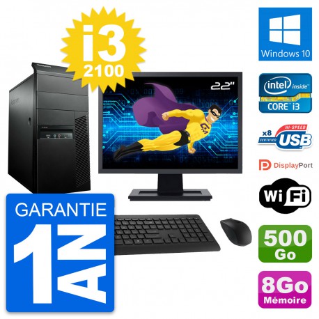 PC Tour Lenovo M91p Ecran 22" Core i3-2100 RAM 8Go Disque 500Go Windows 10 Wifi