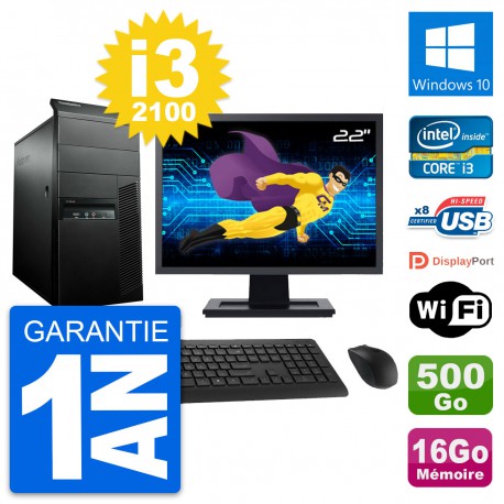 PC Tour Lenovo M91p Ecran 22" Core i3-2100 RAM 16Go Disque 500Go Windows 10 Wifi