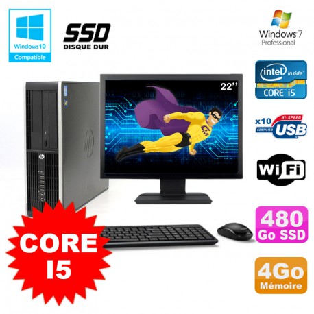 Lot PC HP Elite 8200 SFF Core I5 3.1GHz 4Go 480Go SSD DVD WIFI W7 + Ecran 22