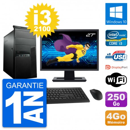 PC Tour Lenovo M91p Ecran 27" Intel i3-2100 RAM 4Go Disque 250Go Windows 10 Wifi