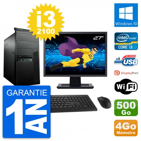 PC Tour Lenovo M91p Ecran 27" Intel i3-2100 RAM 4Go Disque 500Go Windows 10 Wifi