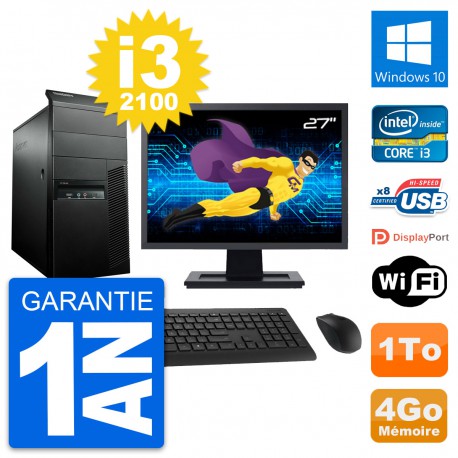 PC Tour Lenovo M91p Ecran 27" Core i3-2100 RAM 4Go Disque 1To Windows 10 Wifi
