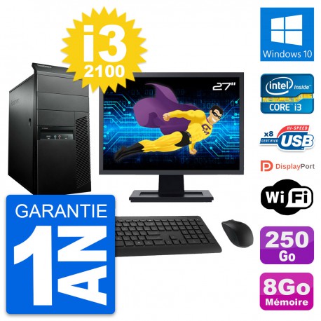 PC Tour Lenovo M91p Ecran 27" Core i3-2100 RAM 8Go Disque 250Go Windows 10 Wifi
