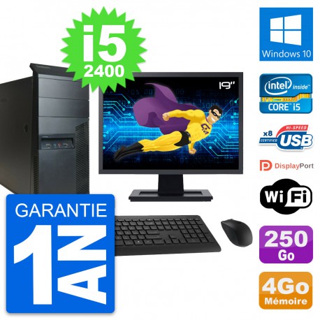 PC Tour Lenovo M91p Ecran 19" Intel i5-2400 RAM 4Go Disque 250Go Windows 10 Wifi
