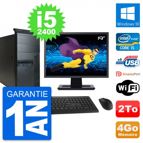PC Tour Lenovo M91p Ecran 19" Core i5-2400 RAM 4Go Disque 2To Windows 10 Wifi