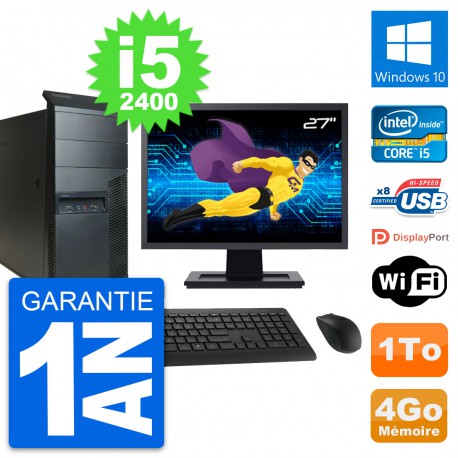PC Tour Lenovo M91p Ecran 27" Core i5-2400 RAM 4Go Disque 1To Windows 10 Wifi