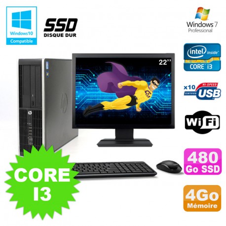 Lot PC HP Elite 8200 SFF Core I3 3.1GHz 4Go 480Go SSD DVD WIFI W7 + Ecran 22