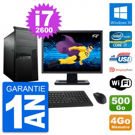 PC Tour Lenovo M91p Ecran 19" Intel i7-2600 RAM 4Go Disque 500Go Windows 10 Wifi