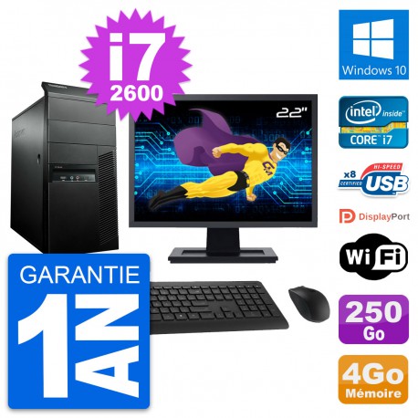 PC Tour Lenovo M91p Ecran 22" Intel i7-2600 RAM 4Go Disque 250Go Windows 10 Wifi