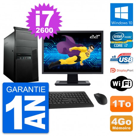 PC Tour Lenovo M91p Ecran 22" Intel i7-2600 RAM 4Go Disque 1To Windows 10 Wifi