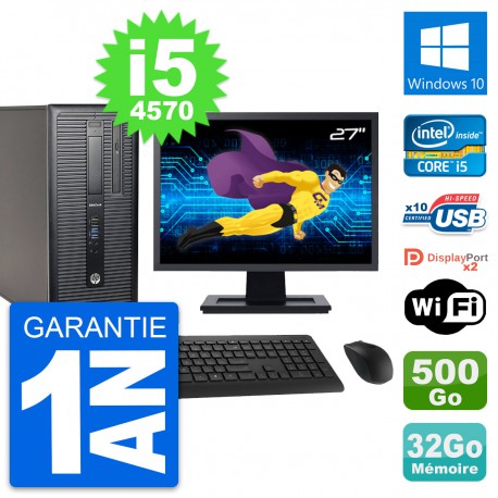 PC Tour HP 800 G1 Ecran 27" Intel i5-4570 RAM 32Go Disque 500Go Windows 10 Wifi